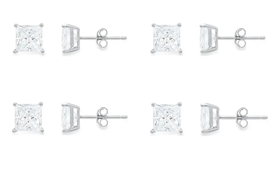 10k White Gold Plated Created White Sapphire 1Ct Princess Cut Set Of Four Stud Earrings