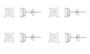 10k White Gold Plated Created White Sapphire 1Ct Princess Cut Set Of Four Stud Earrings