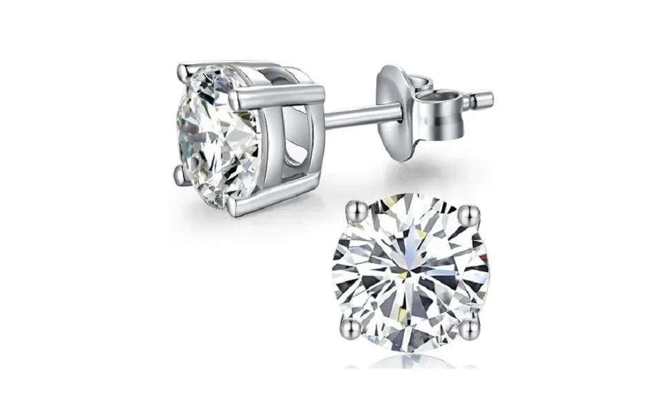 10k White Gold Plated Created White Sapphire 1Ct Round Stud Earrings