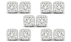 14k White Gold 4mm 3Ct Cushion Cut White Sapphire Set Of Five Halo Stud Earrings Plated