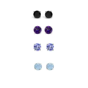 14k White Gold Plated 1/2Ct Created Black Sapphire, Amethyst, Tanzanite and Aquamarine 4 Pair Round Stud Earrings