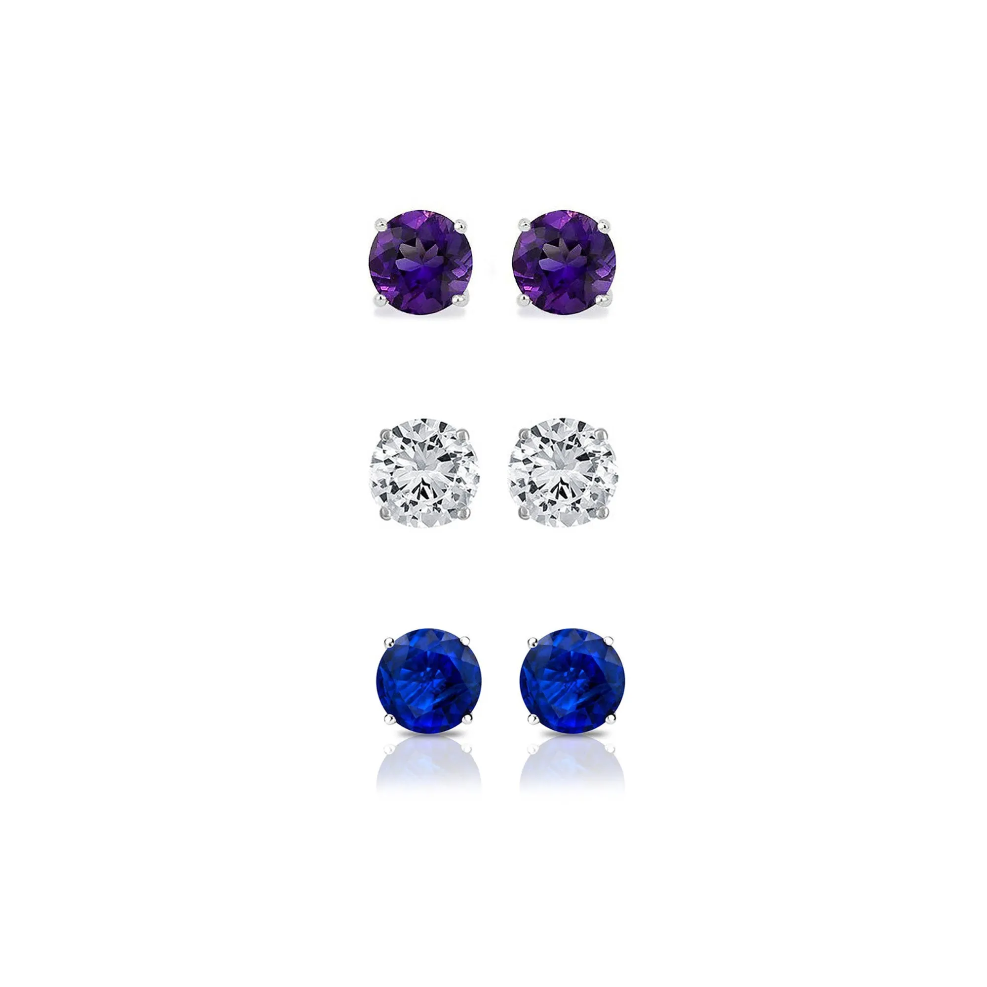 14k White Gold Plated 4Ct Created Amethyst, White Sapphire and Blue Sapphire 3 Pair Round Stud Earrings