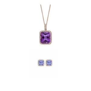 18K Rose Gold 1/2ct Halo Tanzanite Square 18 Inch Necklace and Halo Earrings Set Plated