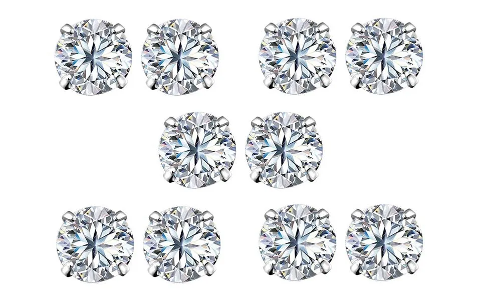 18k White Gold Plated 1/2Ct Round White Sapphire Set Of Five Stud Earrings