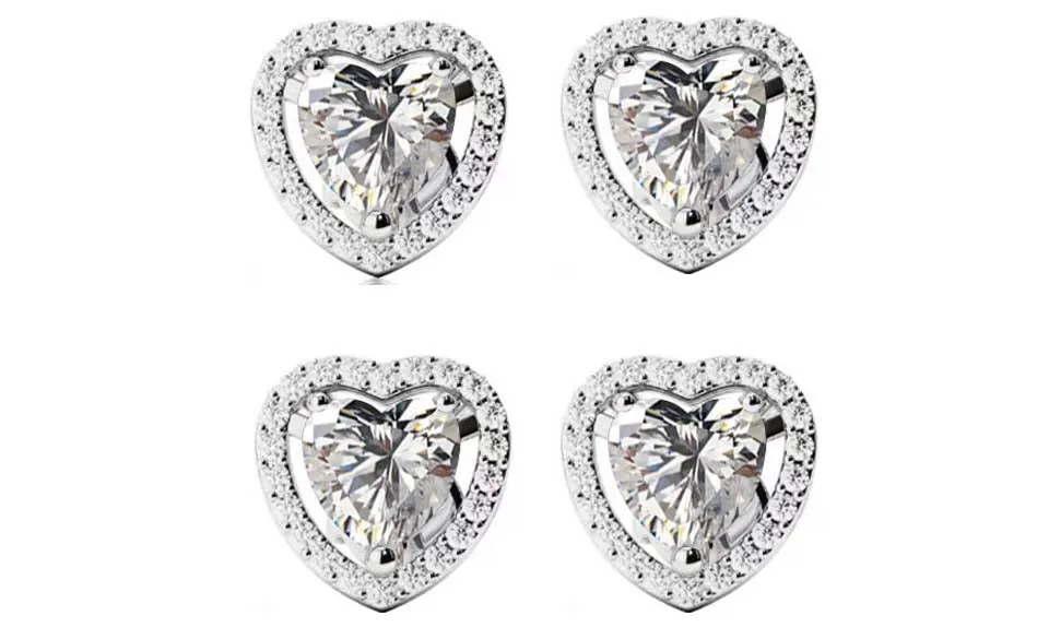 18k White Gold Plated 2Ct Heart White Sapphire Set of Two Halo Stud Earrings