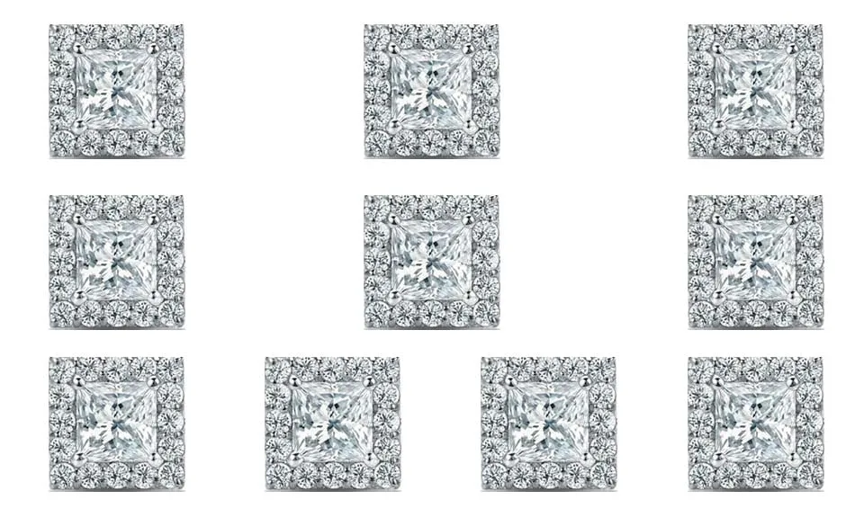 18k White Gold Plated 4Ct Princess Cut White Sapphire Set of Five Halo Stud Earrings