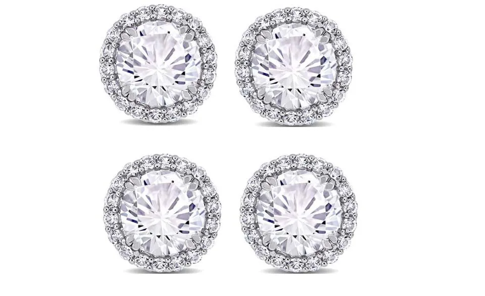 18k White Gold Plated 4mm 1/2Ct Round White Sapphire Set of Two Halo Stud Earrings
