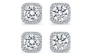 18k White Gold Plated 6mm 4Ct Square Cut White Sapphire Set of Two Halo Stud Earrings