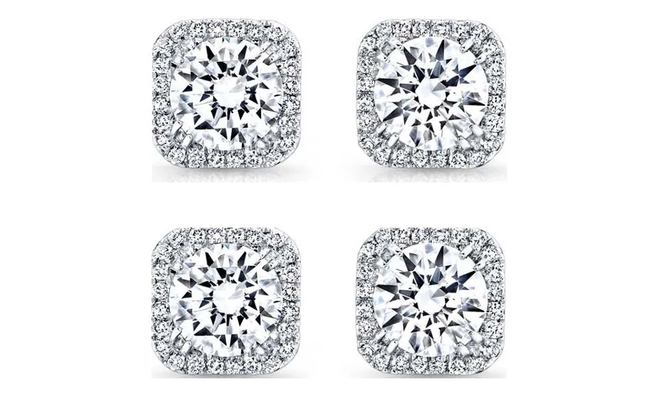 18k White Gold Plated 6mm 4Ct Square Cut White Sapphire Set of Two Halo Stud Earrings