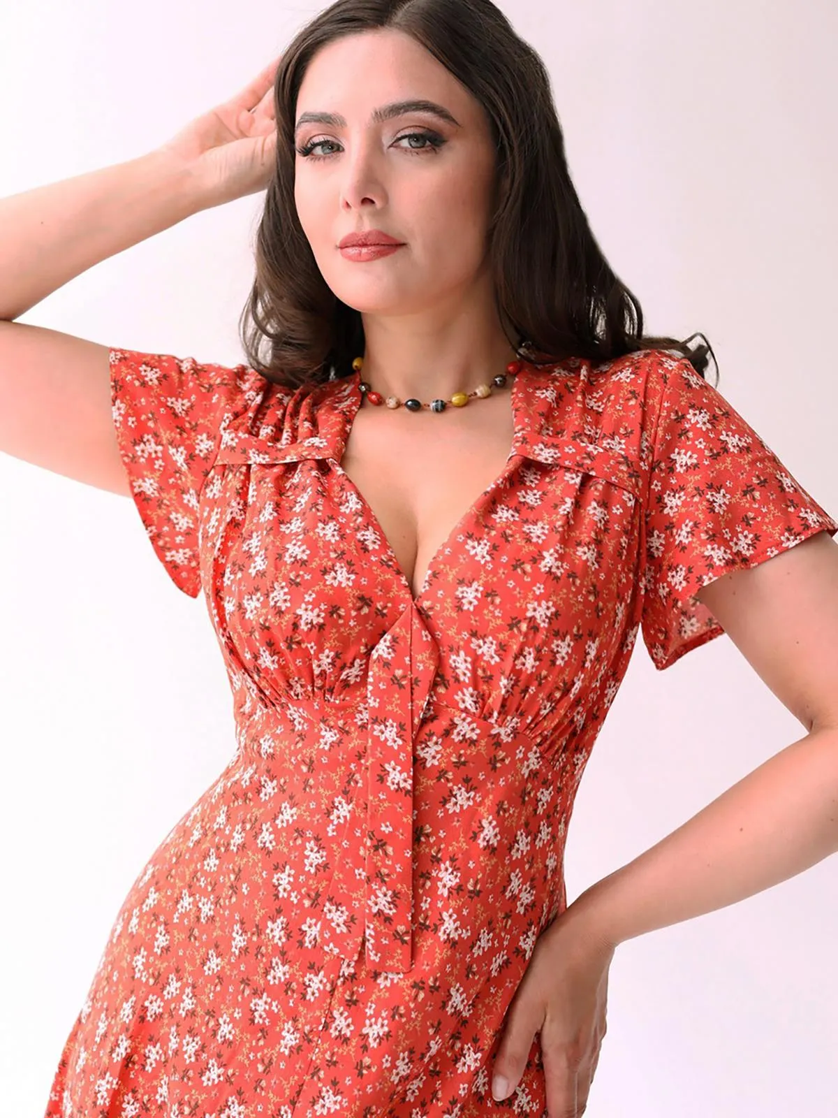 1940s Look Coral Ditsy Floral Tea Dress