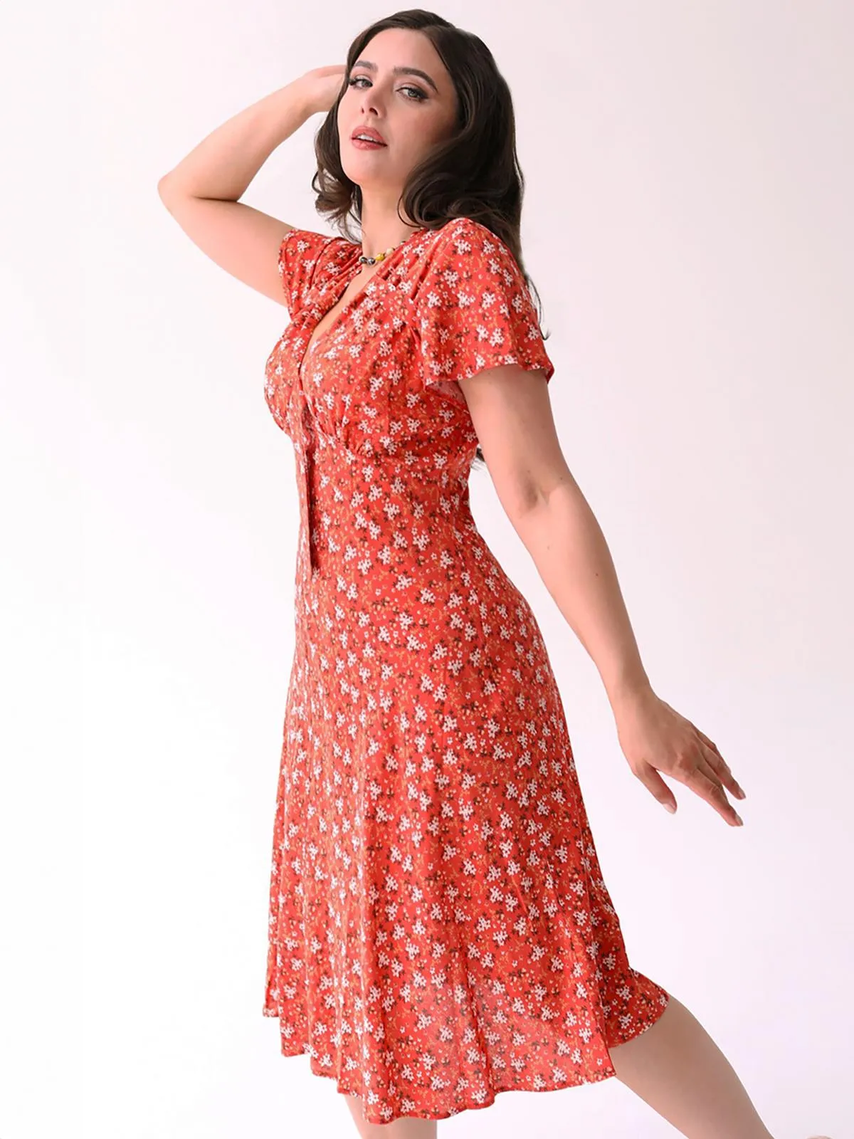 1940s Look Coral Ditsy Floral Tea Dress