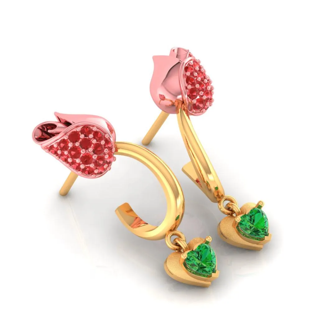 22k Gold Earrings With Stone-studded Yellow Flower Design And A Heart Drop