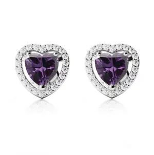 24k White Gold Plated 1 Ct Created Halo Heart Amethyst Stud Earrings