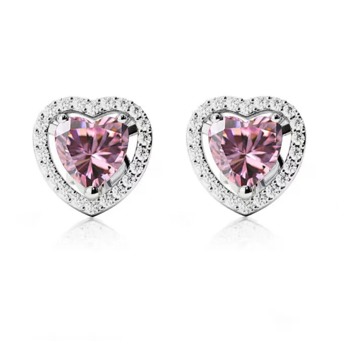 24k White  Gold Plated 1 Ct Created Halo Heart Pink Sapphire Stud Earrings