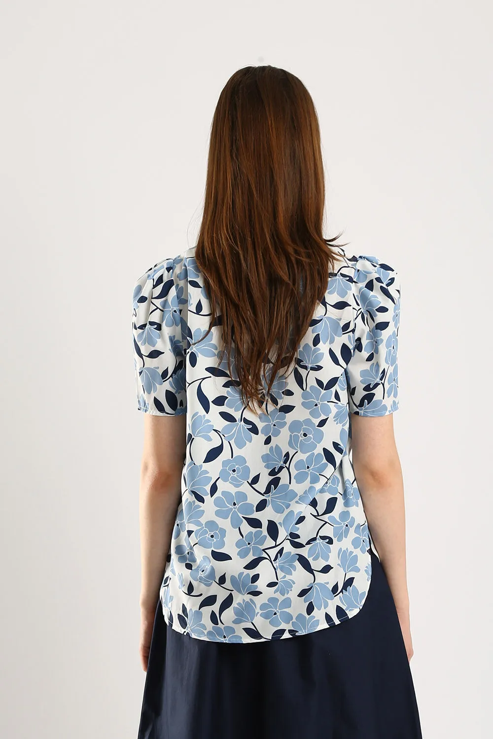 Azure Cotton Linen Puff Sleeve Top in Blue White