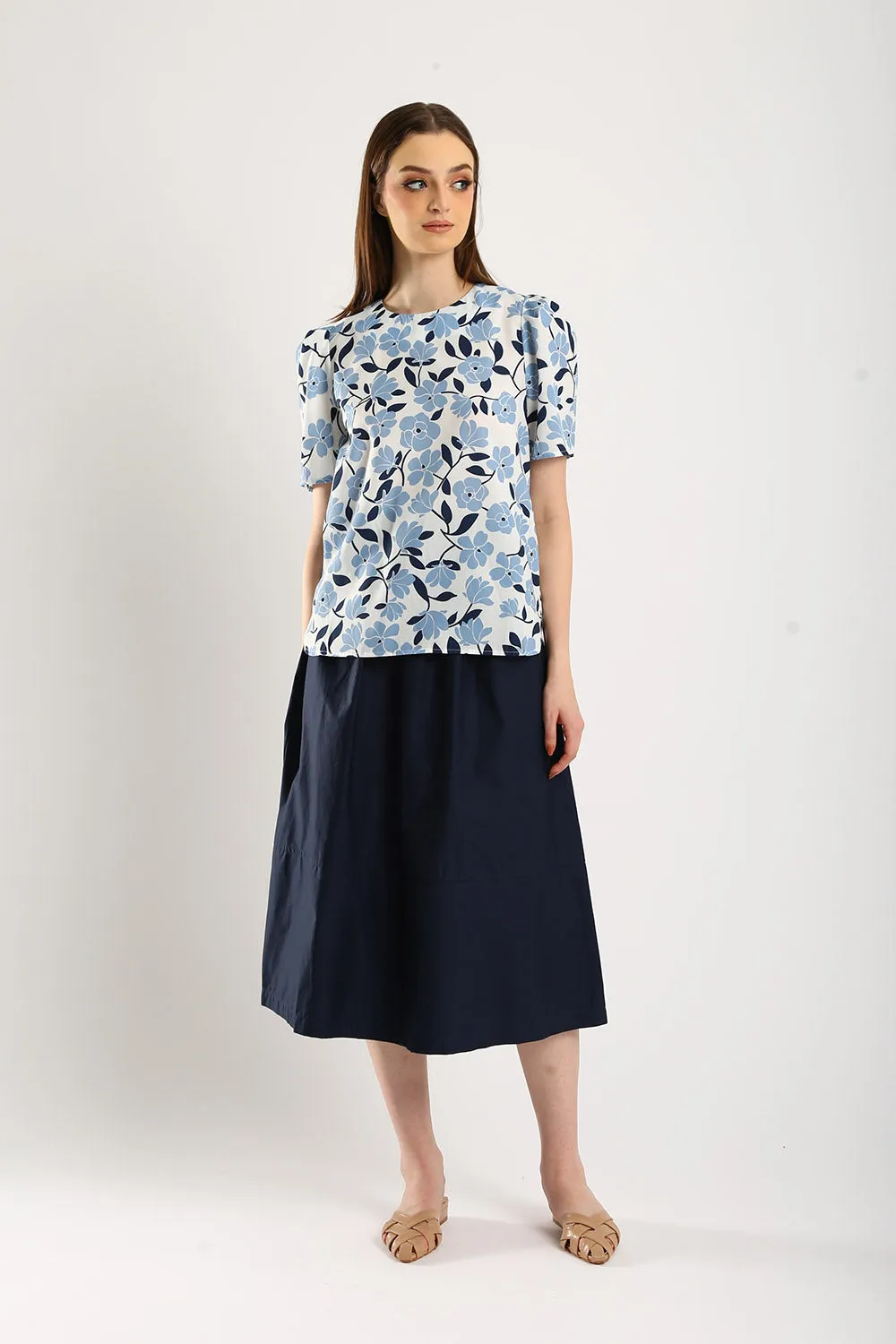 Azure Cotton Linen Puff Sleeve Top in Blue White