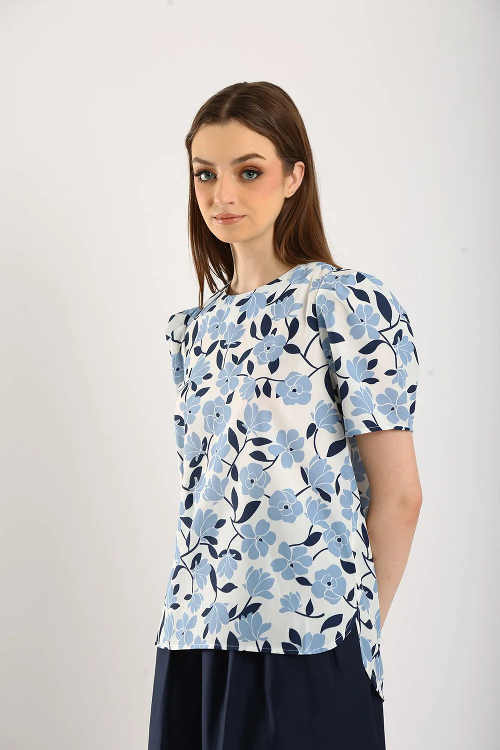 Azure Cotton Linen Puff Sleeve Top in Blue White