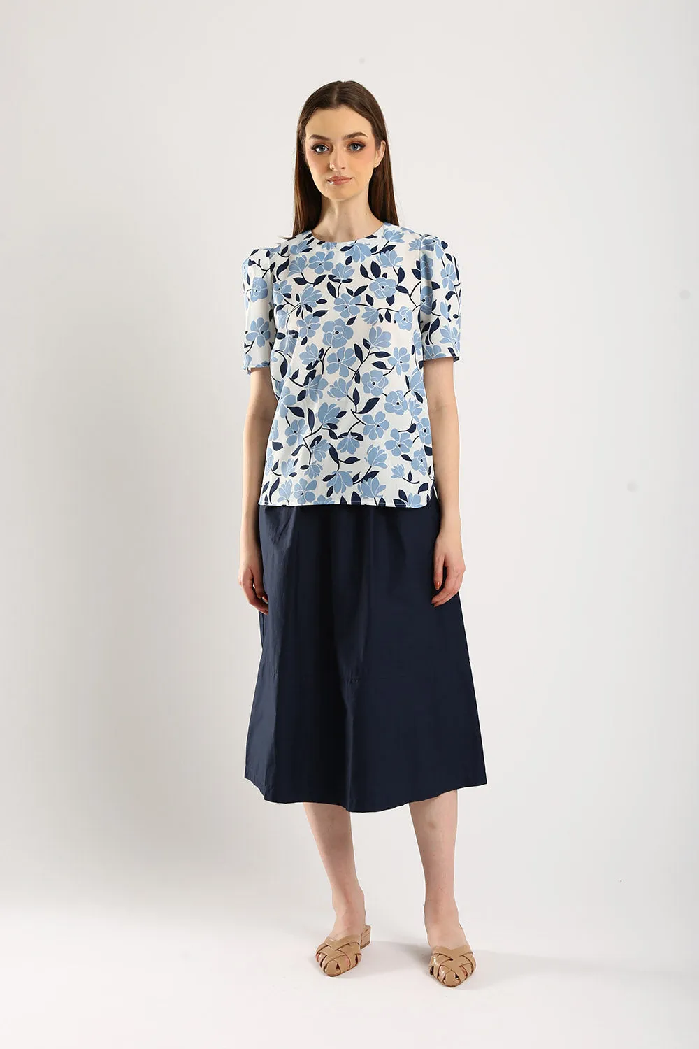 Azure Cotton Linen Puff Sleeve Top in Blue White