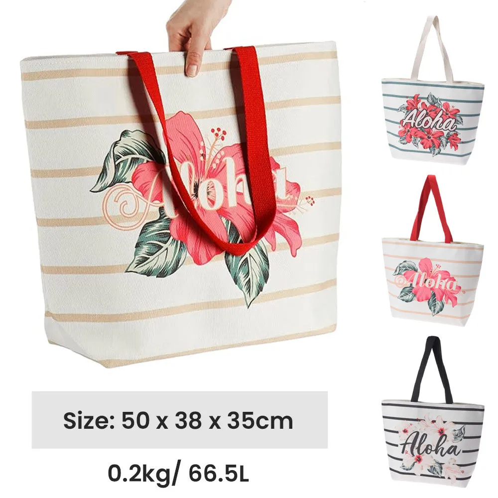 Beach Tote Bag with Aloha Print and Floral Design
