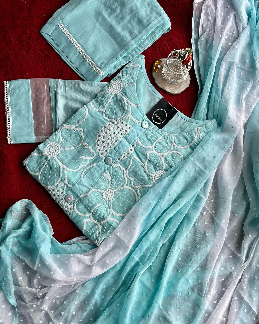 Beautiful schiffli cotton kurti Set