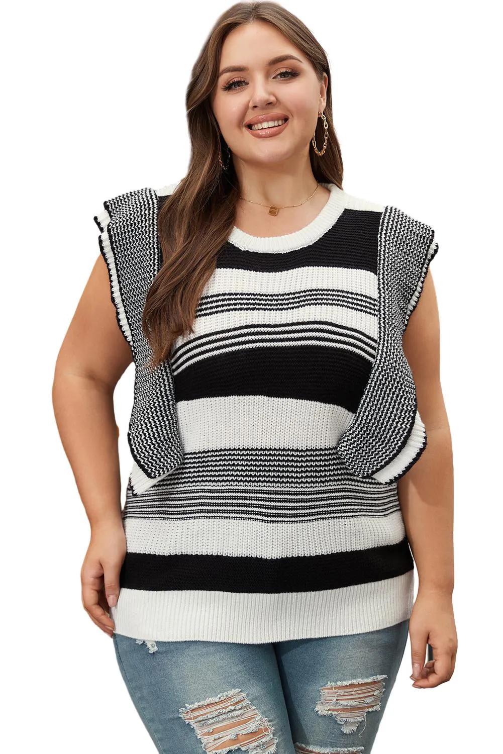 Black Curvy Girl Mixed Striped Print Ruffled Sweater Vest