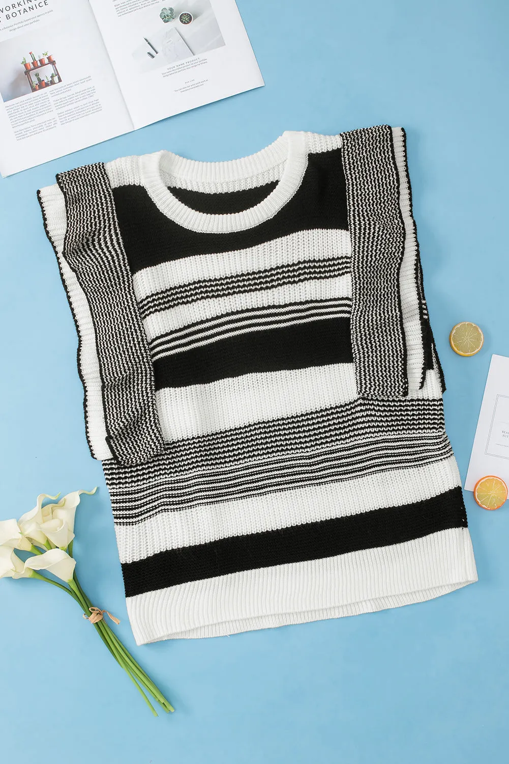 Black Curvy Girl Mixed Striped Print Ruffled Sweater Vest