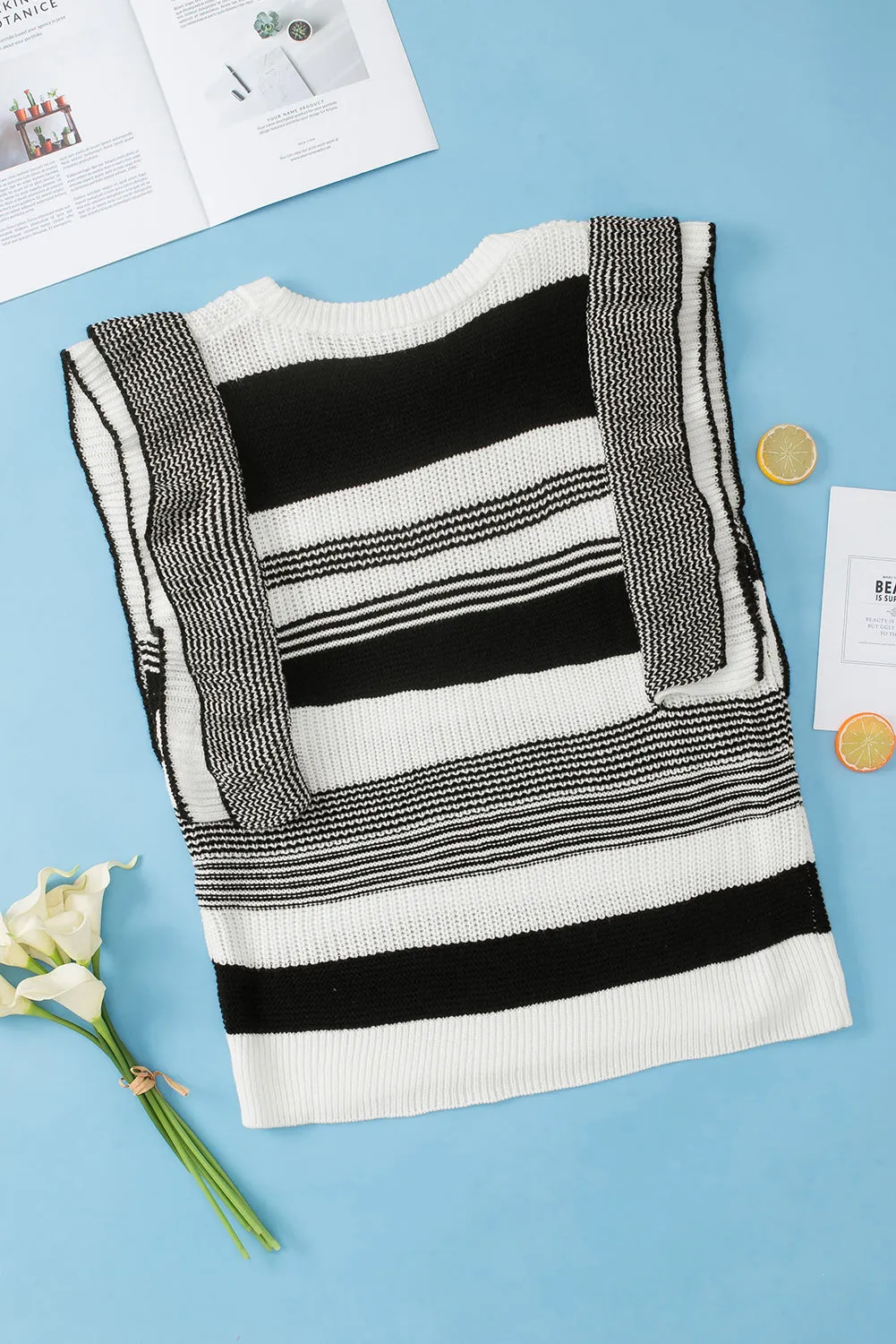 Black Curvy Girl Mixed Striped Print Ruffled Sweater Vest