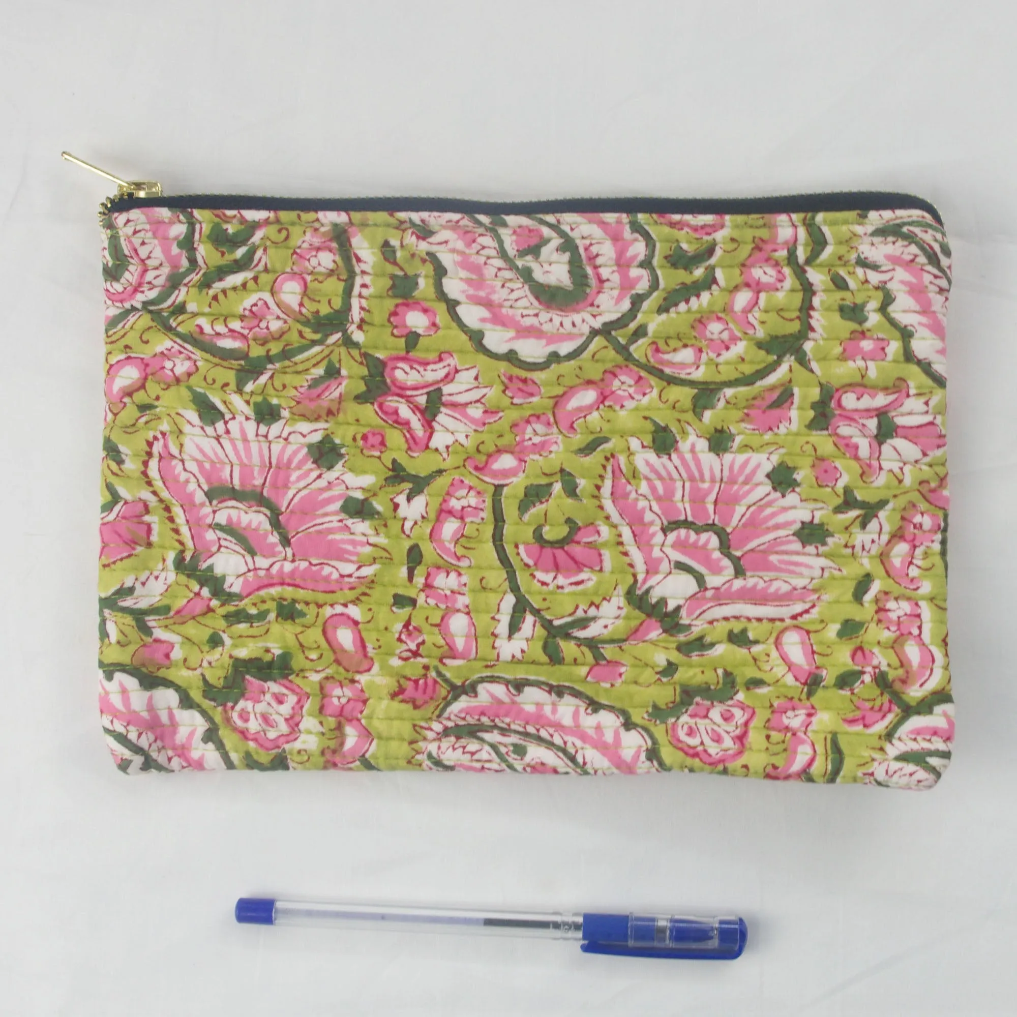 Block Print Makeup Pouch or Pencil Case-  Green Swedish Garden