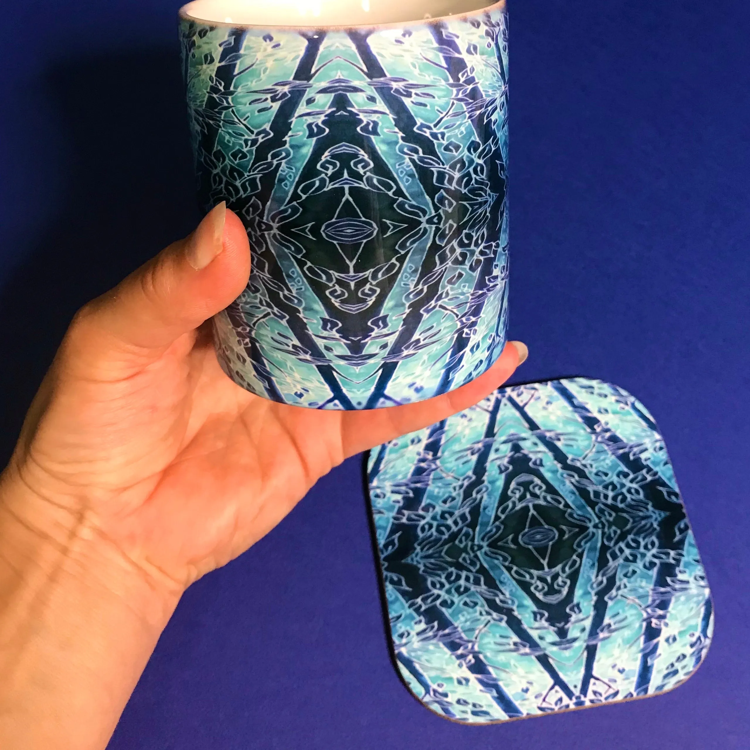 Blue Diamond Forest Mug and Coaster Box Set -  Blue Teal Turquoise Mug