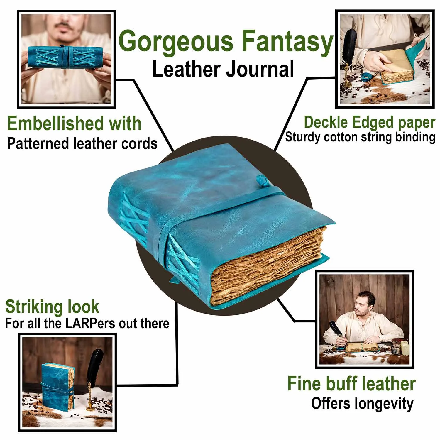 Blue Medieval Leather Journal with Antique Paper