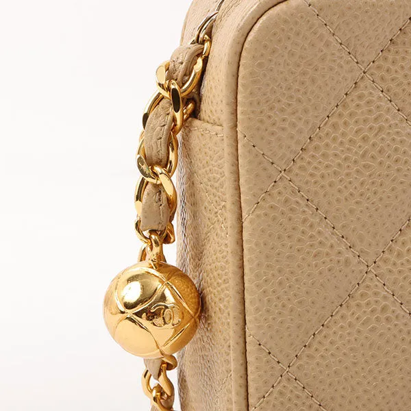 Chanel Around 1995 Made Caviar Skin Cc Mark Stitch Chain Shoulder Bag Beige
