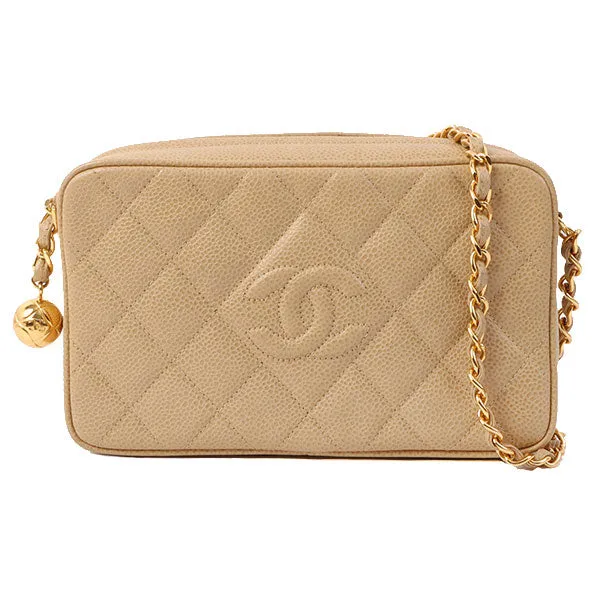 Chanel Around 1995 Made Caviar Skin Cc Mark Stitch Chain Shoulder Bag Beige