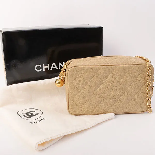 Chanel Around 1995 Made Caviar Skin Cc Mark Stitch Chain Shoulder Bag Beige