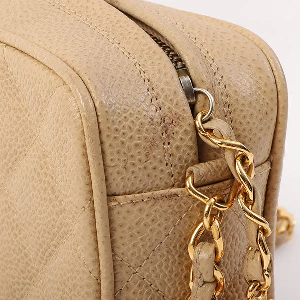 Chanel Around 1995 Made Caviar Skin Cc Mark Stitch Chain Shoulder Bag Beige