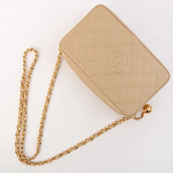 Chanel Around 1995 Made Caviar Skin Cc Mark Stitch Chain Shoulder Bag Beige