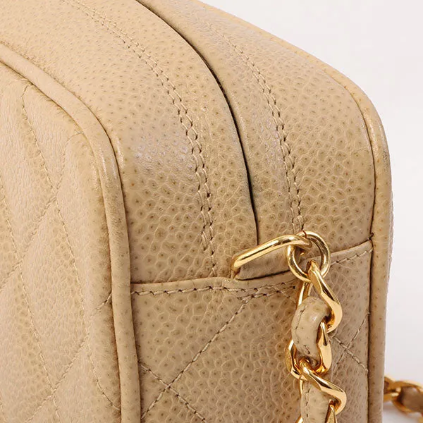 Chanel Around 1995 Made Caviar Skin Cc Mark Stitch Chain Shoulder Bag Beige