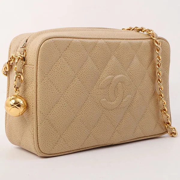 Chanel Around 1995 Made Caviar Skin Cc Mark Stitch Chain Shoulder Bag Beige