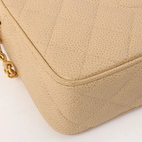 Chanel Around 1995 Made Caviar Skin Cc Mark Stitch Chain Shoulder Bag Beige