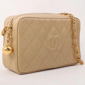 Chanel Around 1995 Made Caviar Skin Cc Mark Stitch Chain Shoulder Bag Beige