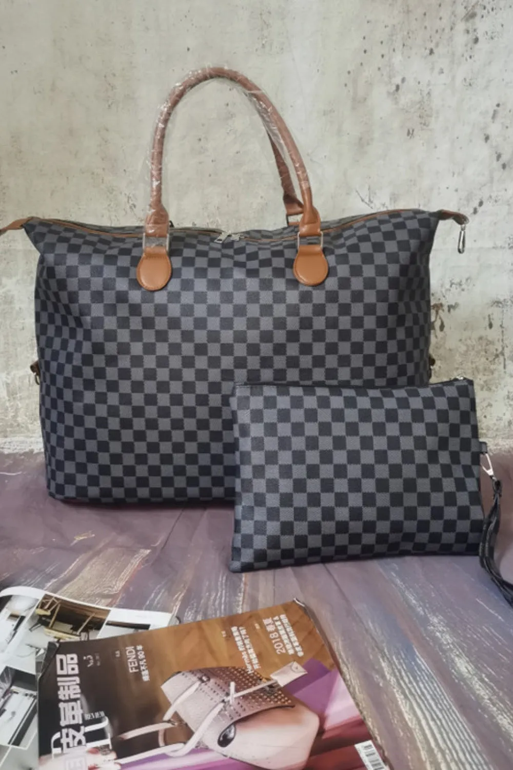 Checkered Two-Piece Vegan Leather Bag Set