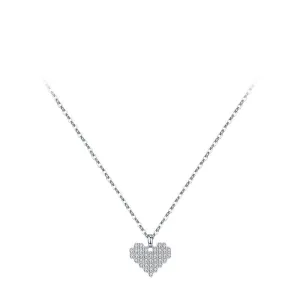 Elegant Heart-shaped Sterling Silver Necklace with Micro-studded Zircon Cross Pendant