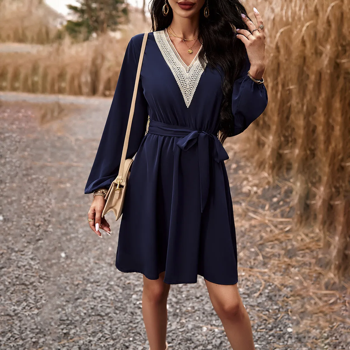 Elegantly Styled V-Neck Long Sleeve Maxi Dress