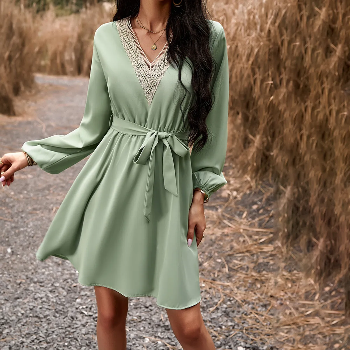 Elegantly Styled V-Neck Long Sleeve Maxi Dress