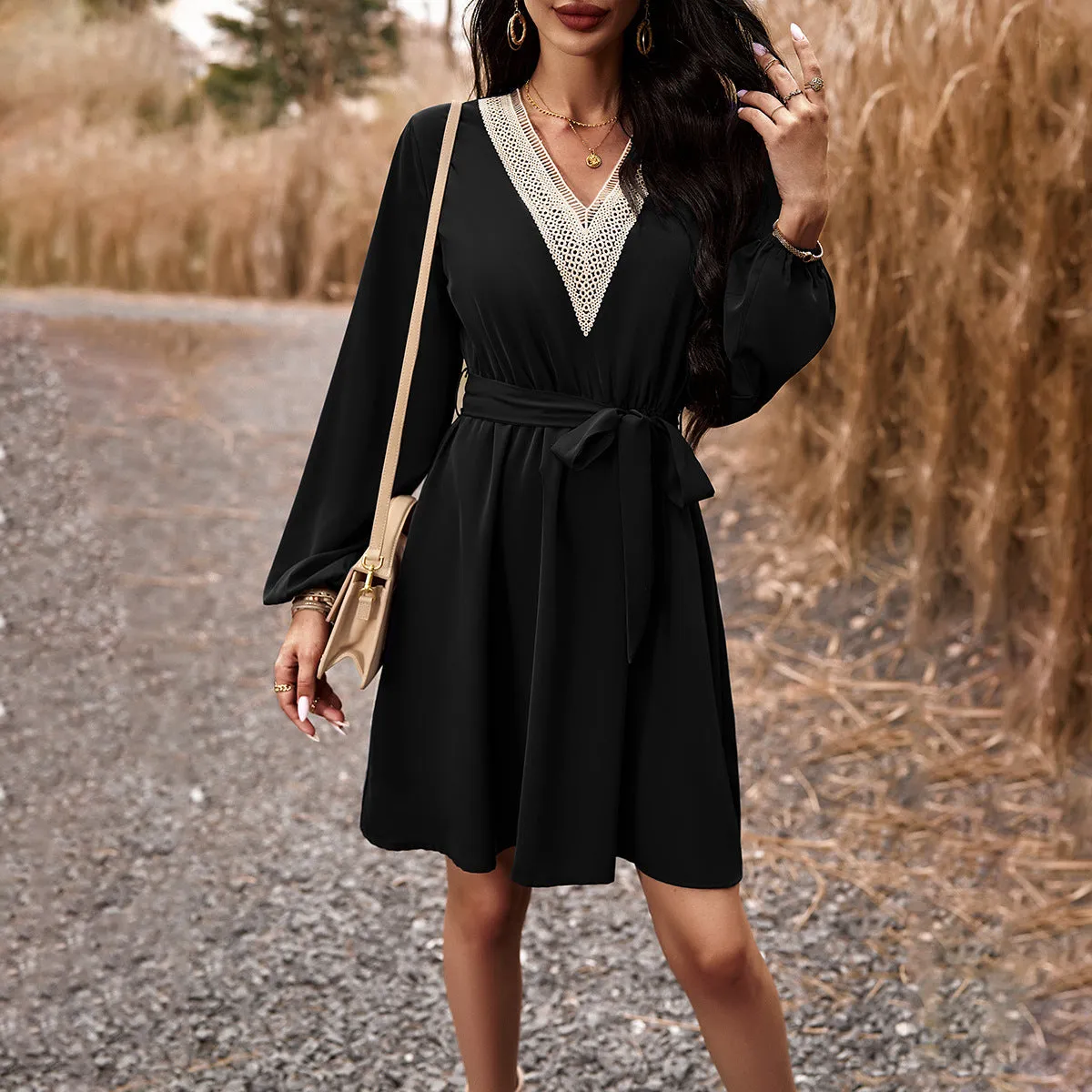 Elegantly Styled V-Neck Long Sleeve Maxi Dress