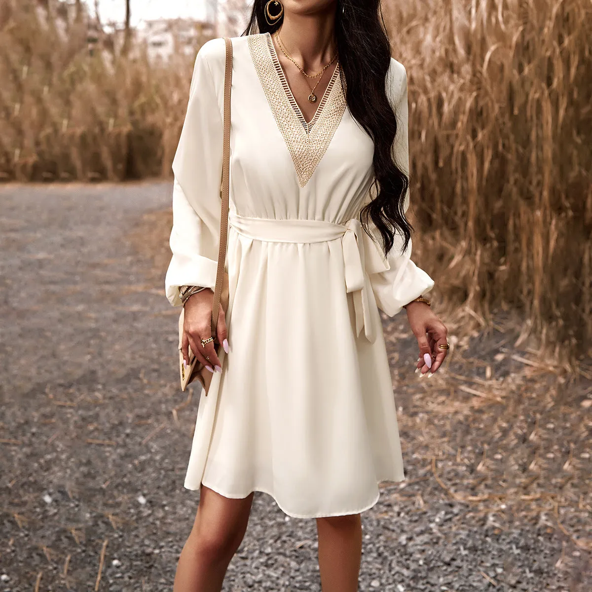 Elegantly Styled V-Neck Long Sleeve Maxi Dress
