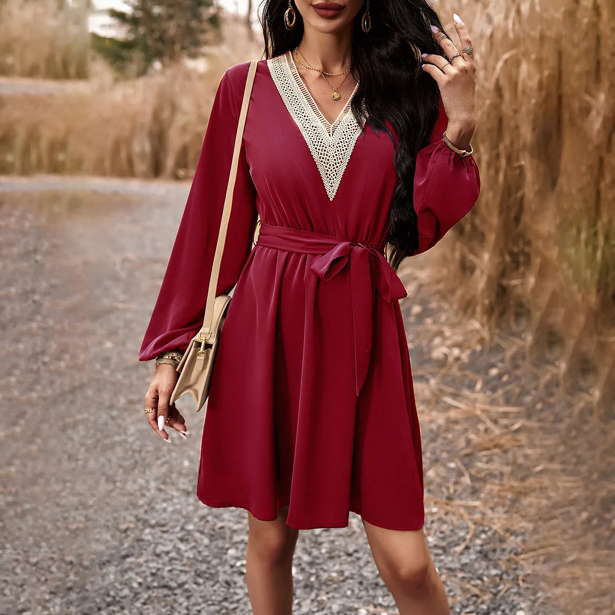 Elegantly Styled V-Neck Long Sleeve Maxi Dress