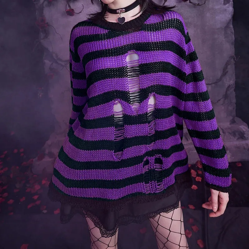 Flytonn-00s Vintage Y2K Fall Ripped Jumpers Gothic long sleeve O-neck Torn Pullover Women Spring Chic Warm Sweater Aesthetic Streetwear