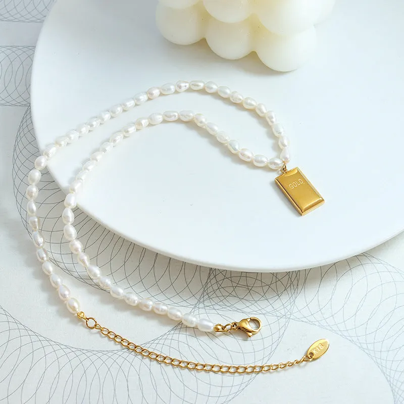 French Style Freshwater Pearl Necklace with Gold Brick Pendant