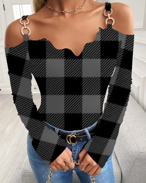 GEFEVOQE Gorgeous Cotton Poly Blend Long Sleeve Open Shoulder V-Neck Top