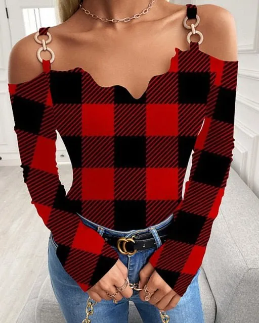 GEFEVOQE Gorgeous Cotton Poly Blend Long Sleeve Open Shoulder V-Neck Top